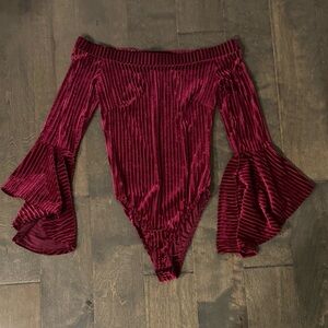Forever 21 Burgundy Off Shoulder Bell Sleeve Bodysuit Striped Size S